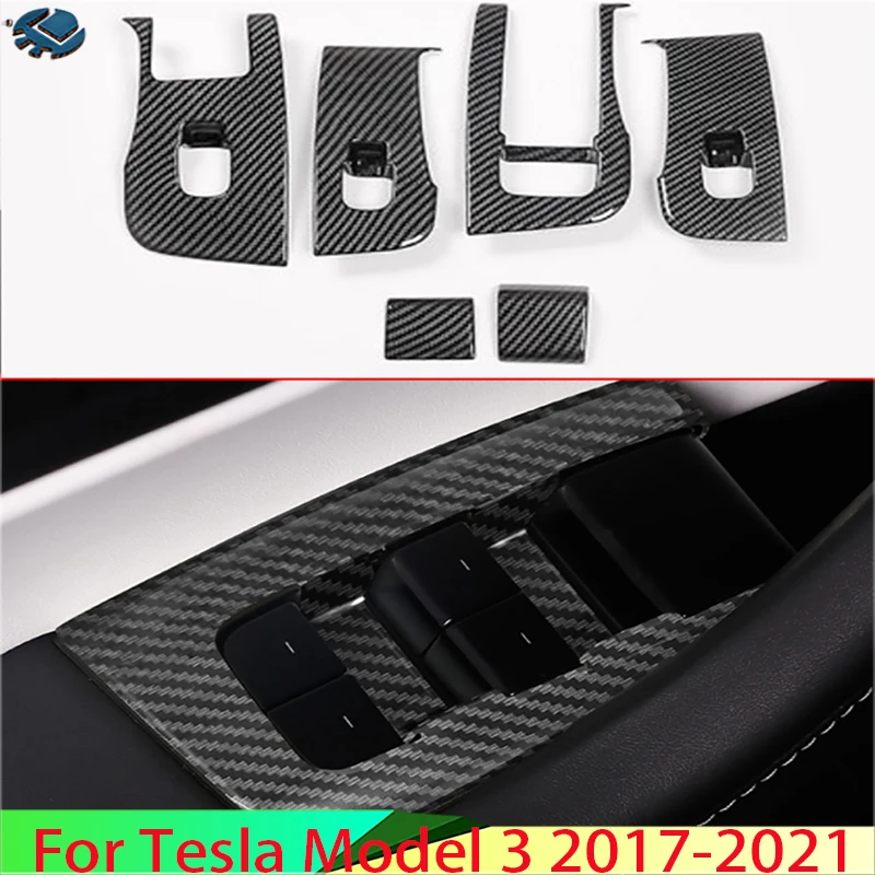 

For Tesla Model 3 2017-2022 Car Accessories Carbon Fiber Style Door Window Armrest Cover Switch Panel Trim Molding Garnish