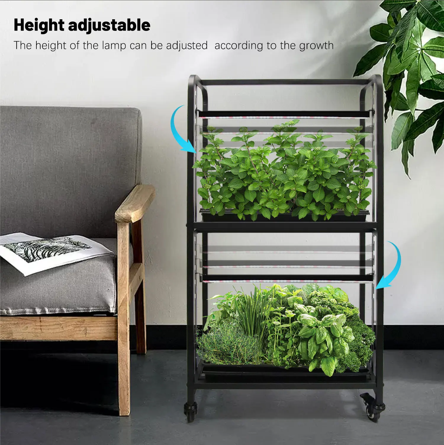 EDKFARM Smart Iron Indoor Gardening System LED Grow Light Herbs Planter Kit with Movable Wheels Adjustable Height for Home