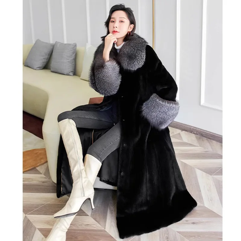 NEW Autumn Winter Long Fur Coat Women Fox Fur Collar Thickened Warm Windbreaker Luxury Brand Slim Long Sleeve Faux Fur Coat Blac