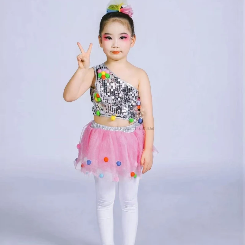 Детский костюм для выступлений, джазовый танец, пышная юбка принцессы, танцевальный фестивальный костюм для детского сада с головным убором