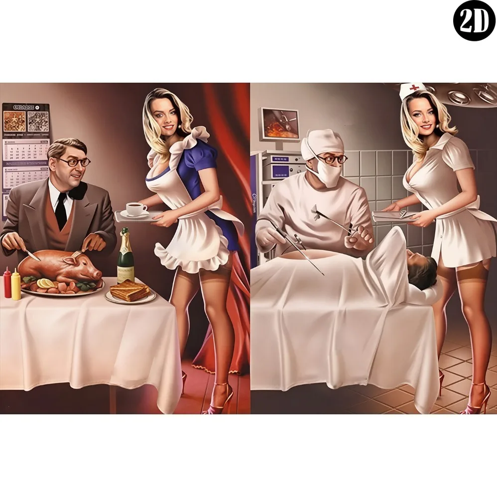 Vintage Metal Tin Sign, Split‑Panel Pin‑Up Art Restaurant And Operating‑Room Scene Wall Decor For Man‑Cave Garage Bar