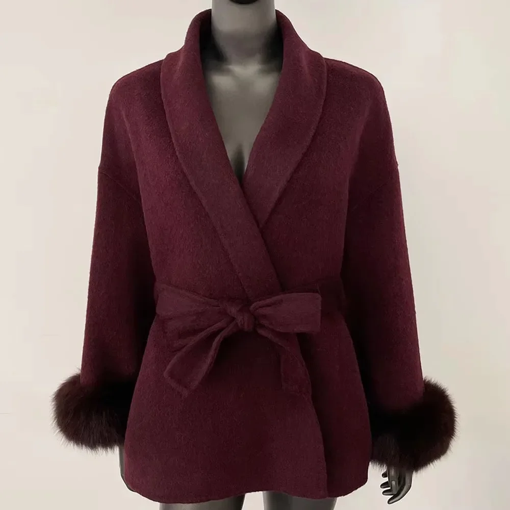 Abrigo de mezcla para mujer, chaqueta de lana a la moda 2025, cuello de piel de zorro Natural para invierno, abrigo de piel auténtica de lana de Cachemira grueso y cálido para otoño