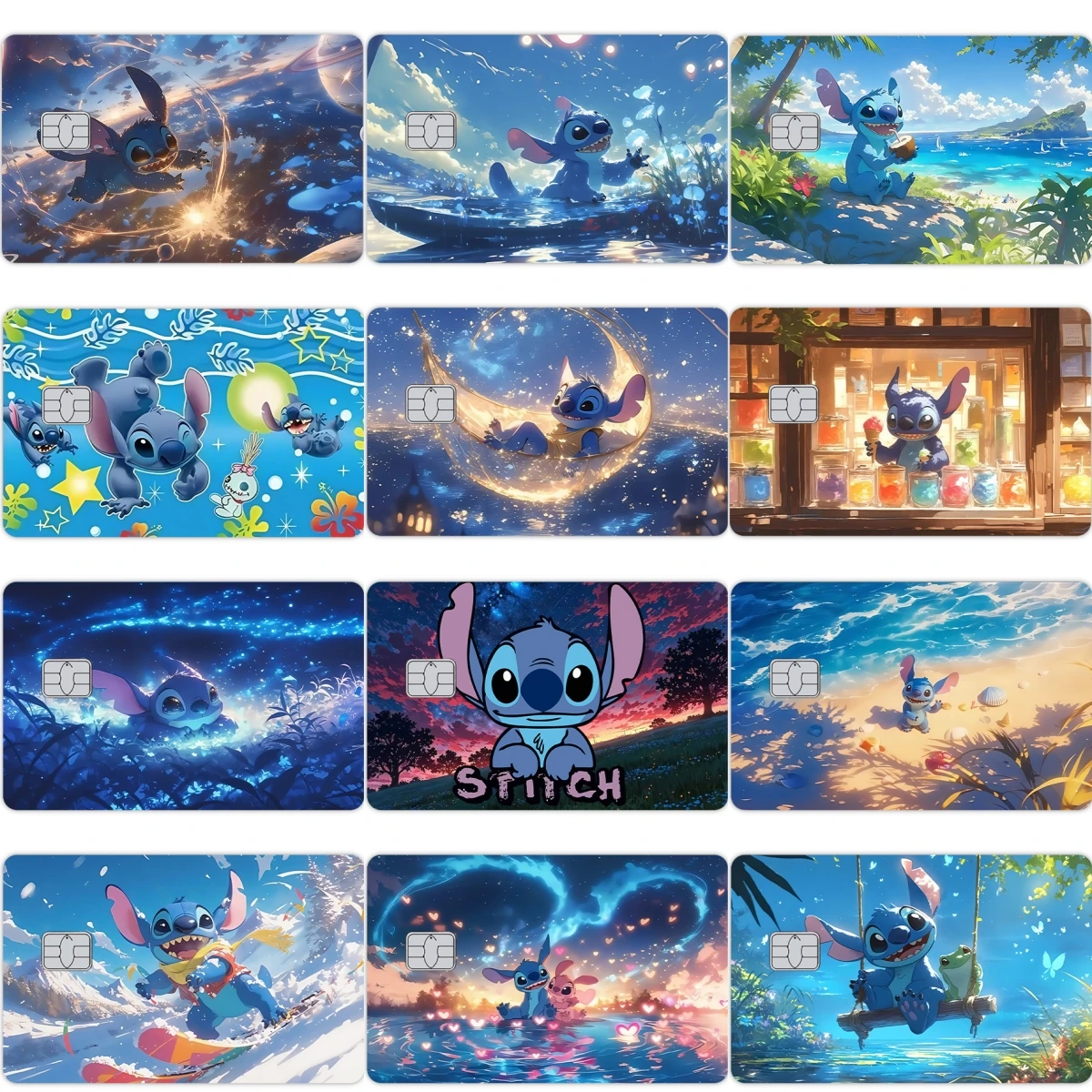 Anime New Stitch Cartoon Star Laser Adesivi in PVC per credito, debito, banca, carta di Visa, pellicola, copertura della pelle, impermeabile, grande, piccolo, senza chip