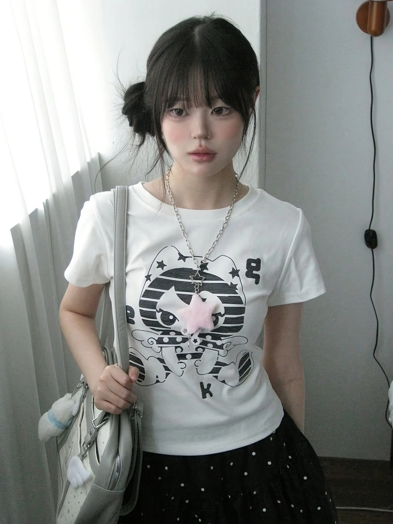Walk in a Certain Direction Cartoon Star Wings Pattern Print Japanese Style Women's T-Shirt Summer Slim Short-Sleeved Top