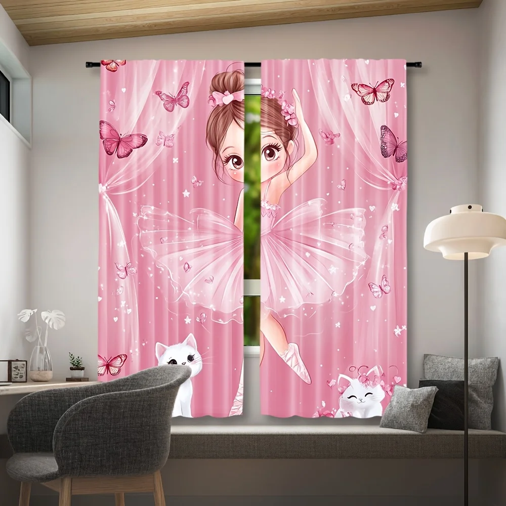 2 Panels Pink Ballerina Girl Curtains, Cute Cat & Butterfly Print, Dreamy Kids Room Decor, Soft Polyester Drapes
