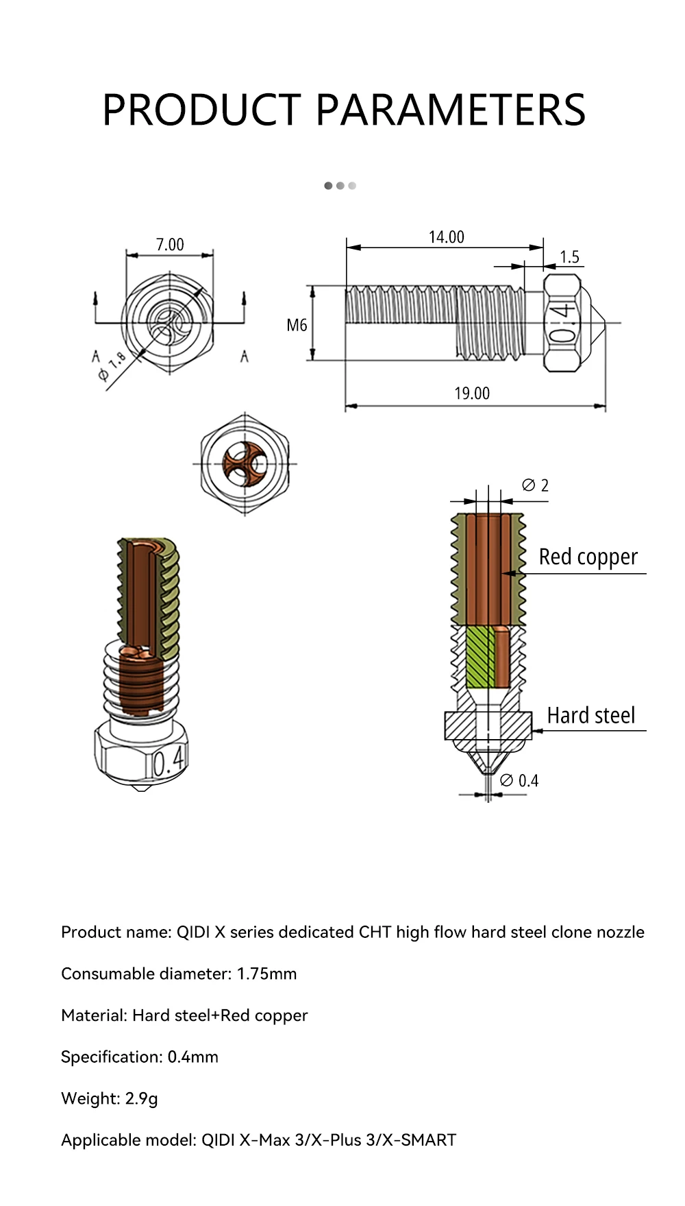 For QIDI X-PLUS 3/X-MAX 3/X-SMART 3 CHT Hardened Steel Nozzle Brass Copper Clone High Temperature Nozzle 3D Printer Parts