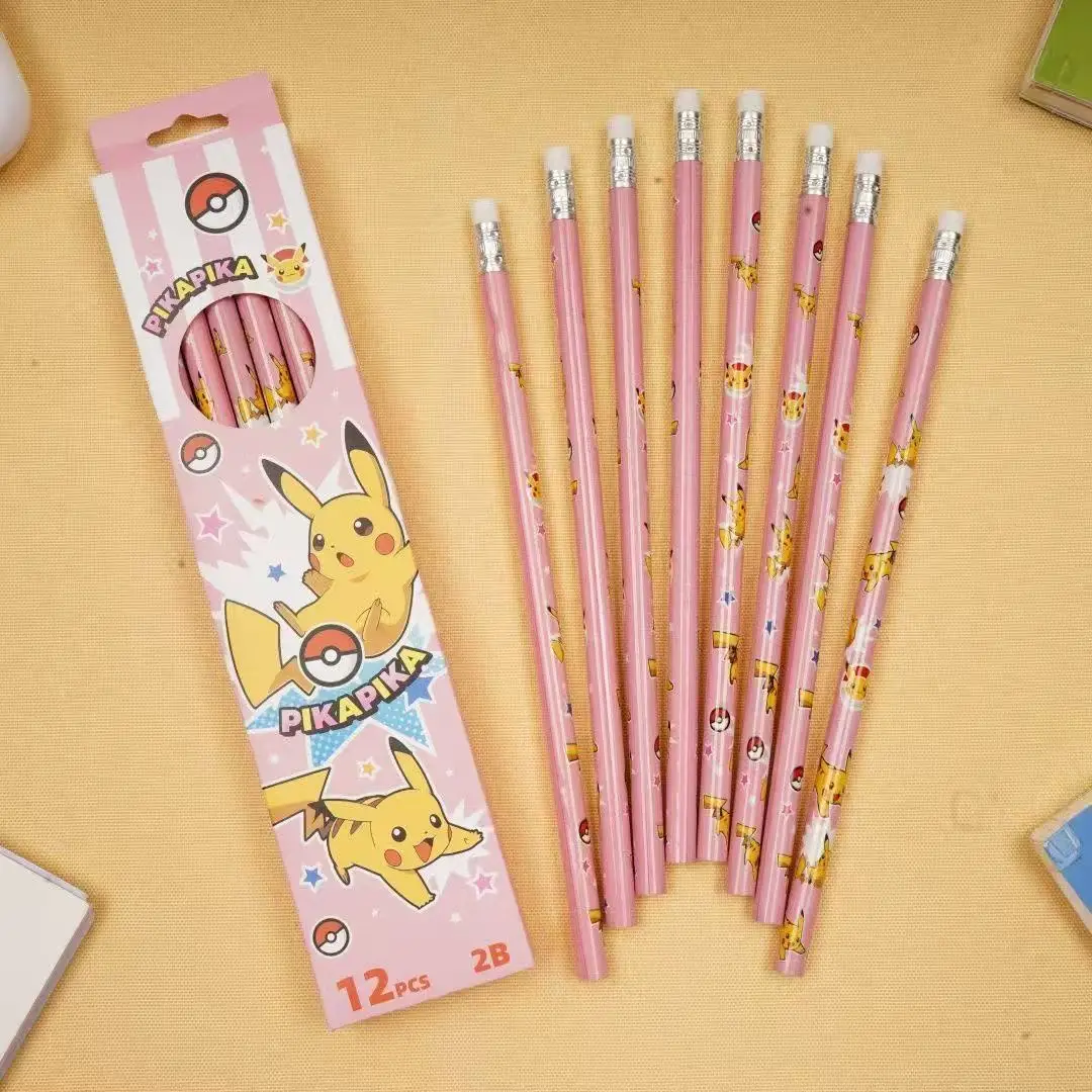 12/48pcs New Pikachu Pencil with Rubber pencil sharpener Set Kawaii Writing HB Stationery and Learning Supplies Student Gifts