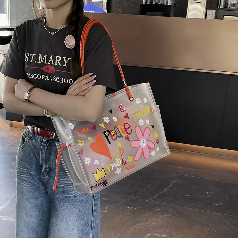 Transparent Tote Bag Fashionable and Popular Large Capacity Colored Graffiti 2024 Summer Youth New Companion Gift