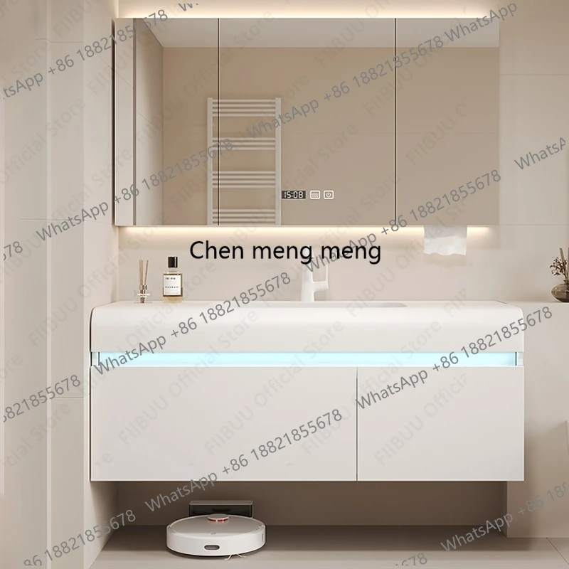 Wall Mounted Bathroom Vanity Integrated Sink Basin Set with Smart Mirror Cabinet Combo Large Capacity Storage for ModernBathroom