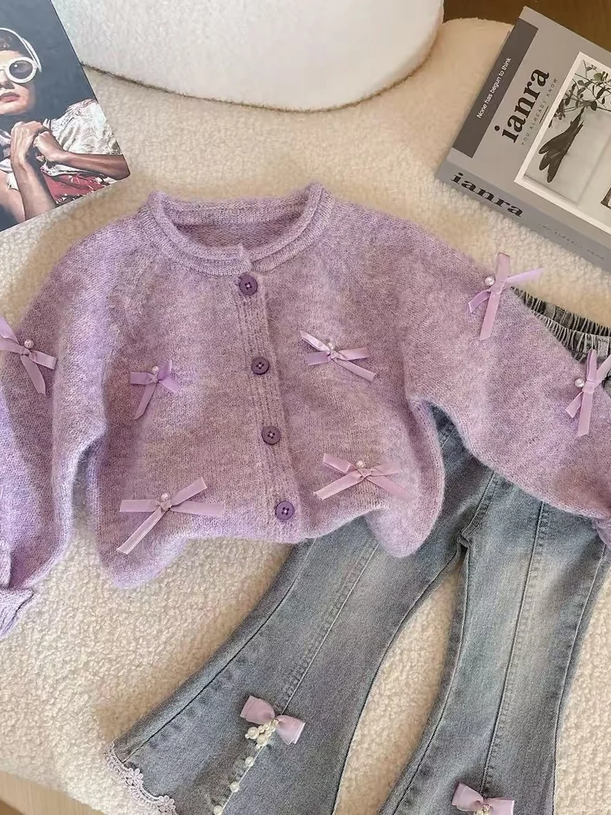 Girls Autumn Fashion Outfit Set 2025 New Style Little Girl  Knot Sweater Cardigan Jeans Two Piece Set Casual Style