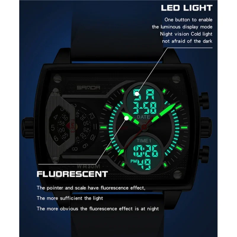 SANDA 6032 Quartz Watch Creative Dual Display Multi-functional Luminous Waterproof Cool Digital Watches for Men Men's Electronic