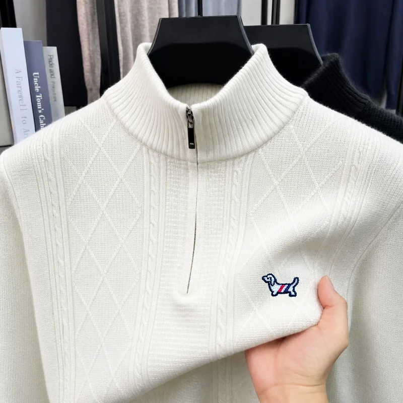 Premium Quality Man Long-Sleeved Knitwear Mock Neck Zipper Dog Embroidery Diamond Pattern Autumn Winter New Leisure Pullover