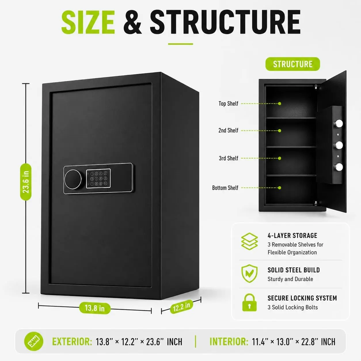 Safe Box for Home, Digital Security Safe with Fireproof Document Bag, Two Removable Shelves, Alarm, Spare Keys, Bolt-Down Design