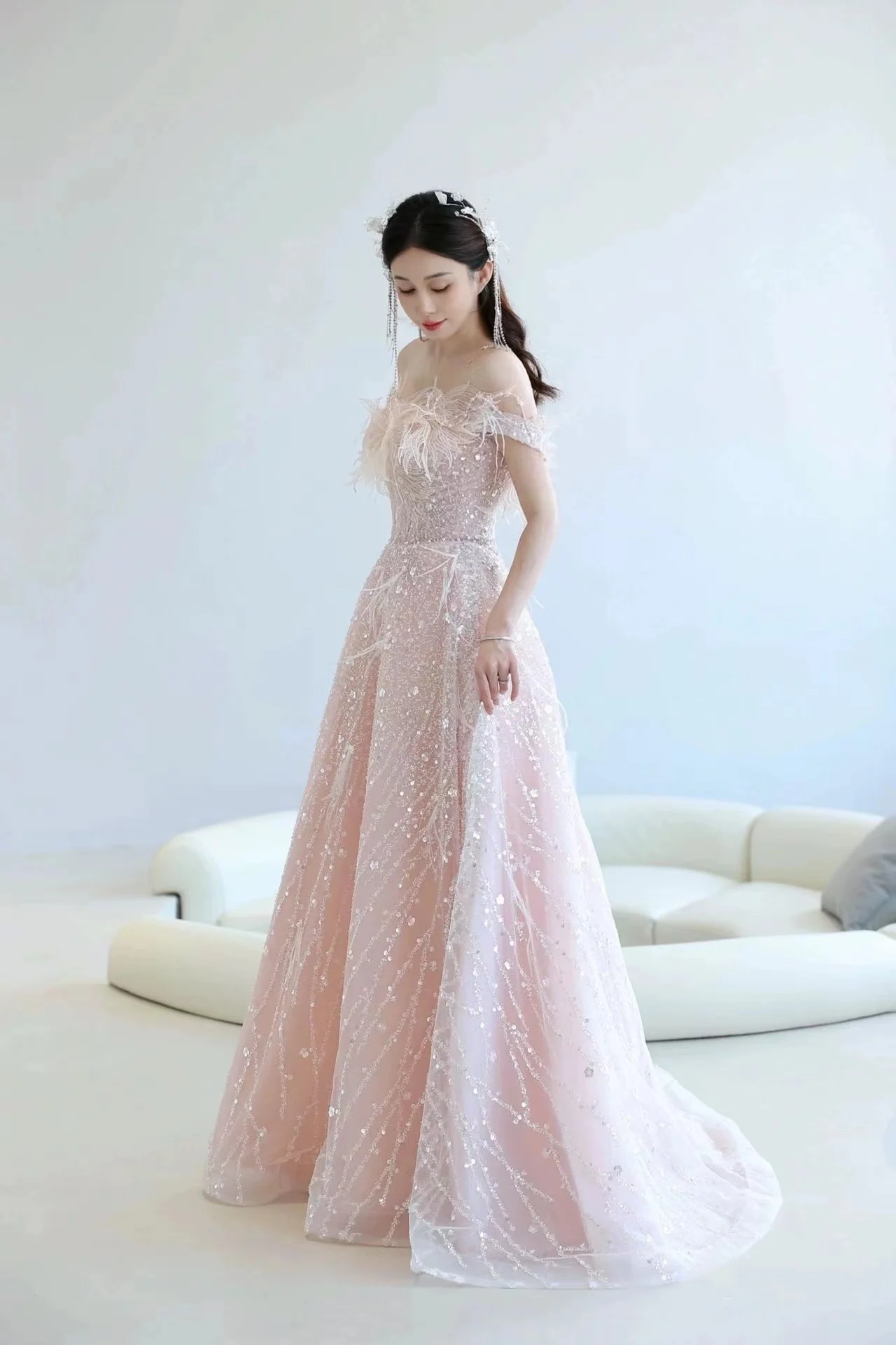 Elegant Pink Sequin Formal Evening Dress Women Luxury Slim Party Dresses Exquisite Prom Gown