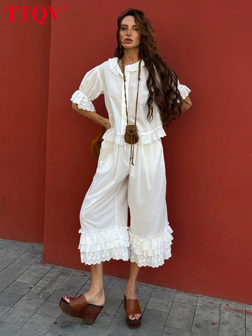 

TTQV Fashion Loose White Cotton Women's 2-Piece Sets 2026 Elegant Short Sleeve Shirt With High Waist Wide Pants Set Female