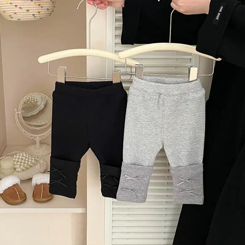 2025 Winter New Baby Girl Warm Patchwork Leggings Cotton Kids Fleece Trousers Infant Girl Cute Bow Leggings Children Clothes