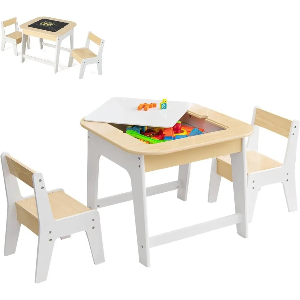 

Kids Table and Chair Set, 3-in-1 Wooden Activity Table with Removable Tabletop, Blackboard & Whiteboard, Storage Space