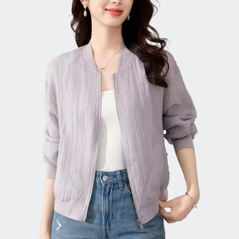 

Европейская и американская новая модная однотонная шикарная складная куртка на молнии для женщин, летняя солнцезащитная куртка-бомбер, тонкие топы