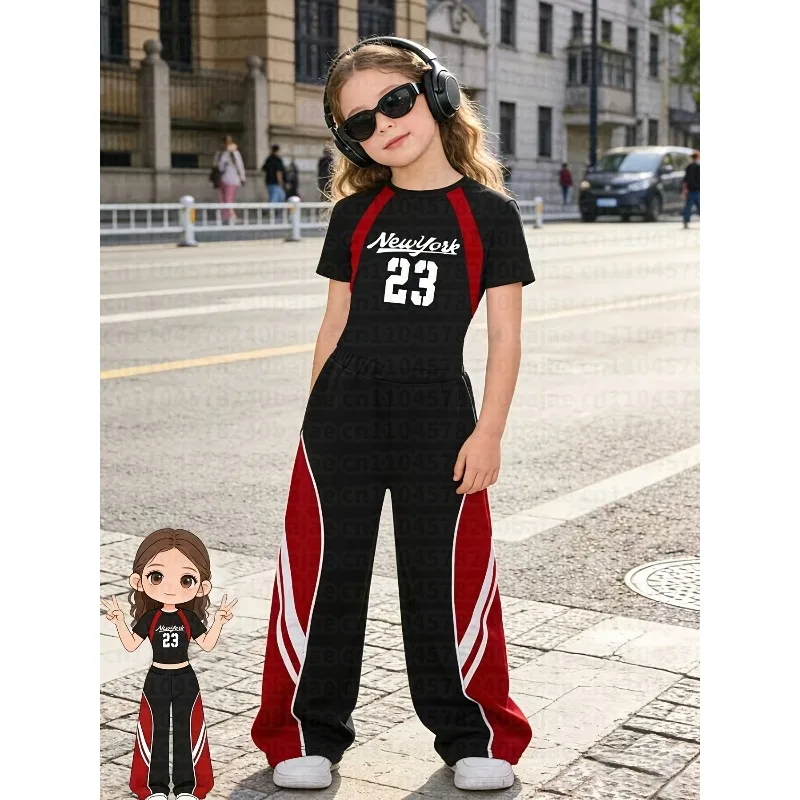 2pcs Set: Girls' Kid Casual and Fashionable Short-sleeve Cropped T-shirt Paired with Casual Straight-leg Trousers