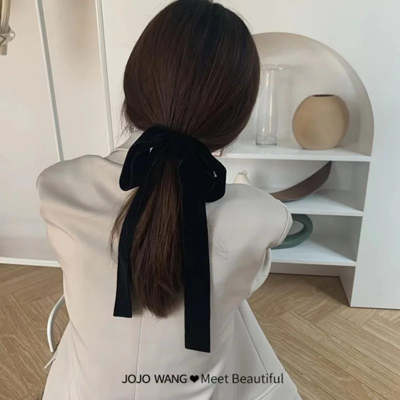 Velvet Ribbon Bow Large Hair Ties Hairpin for Women 2024 Autumn Winter Retro Black Korean Bowknot Hair Clip Scrunchie Headdress