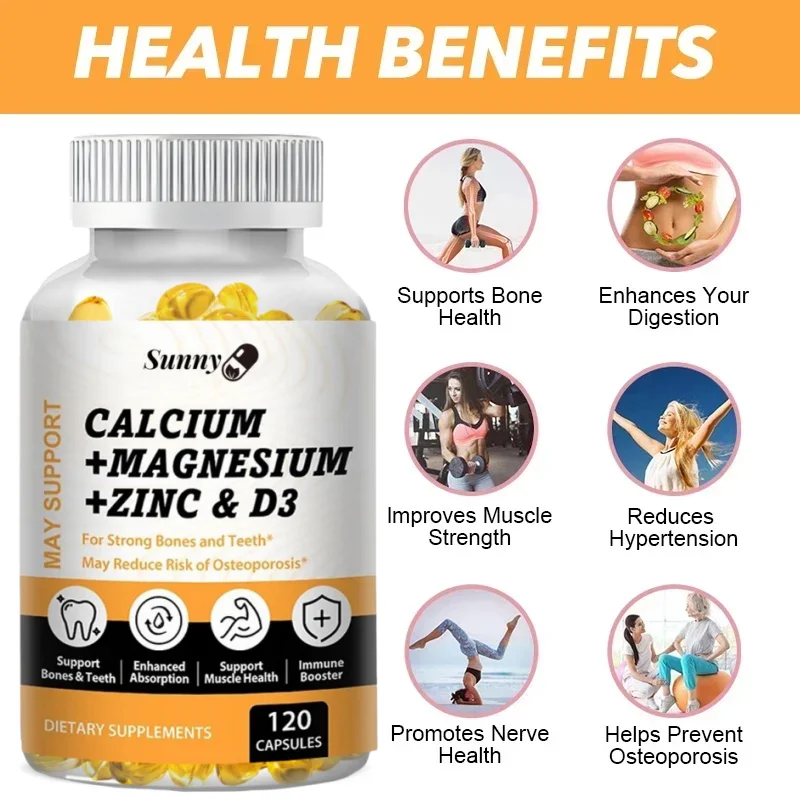 Calcium Magnesium Zinc & Vitamin D3 Capsules for Strong Bones and Teeth, Easy To Absorb, Non-GMO, Gluten-free