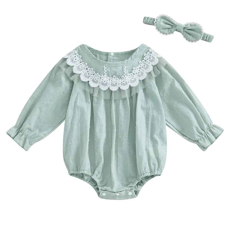 Baby Girls Spring Autumn Romper Long Sleeve O Neck Lace Trim Romper with Headband