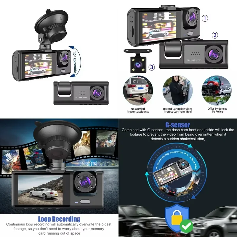 3 Lens HD 1080P Car Black Box WiFi Loop Recording Car DVR Camera Dashboard Camera Night Vision Dash Cam for Car