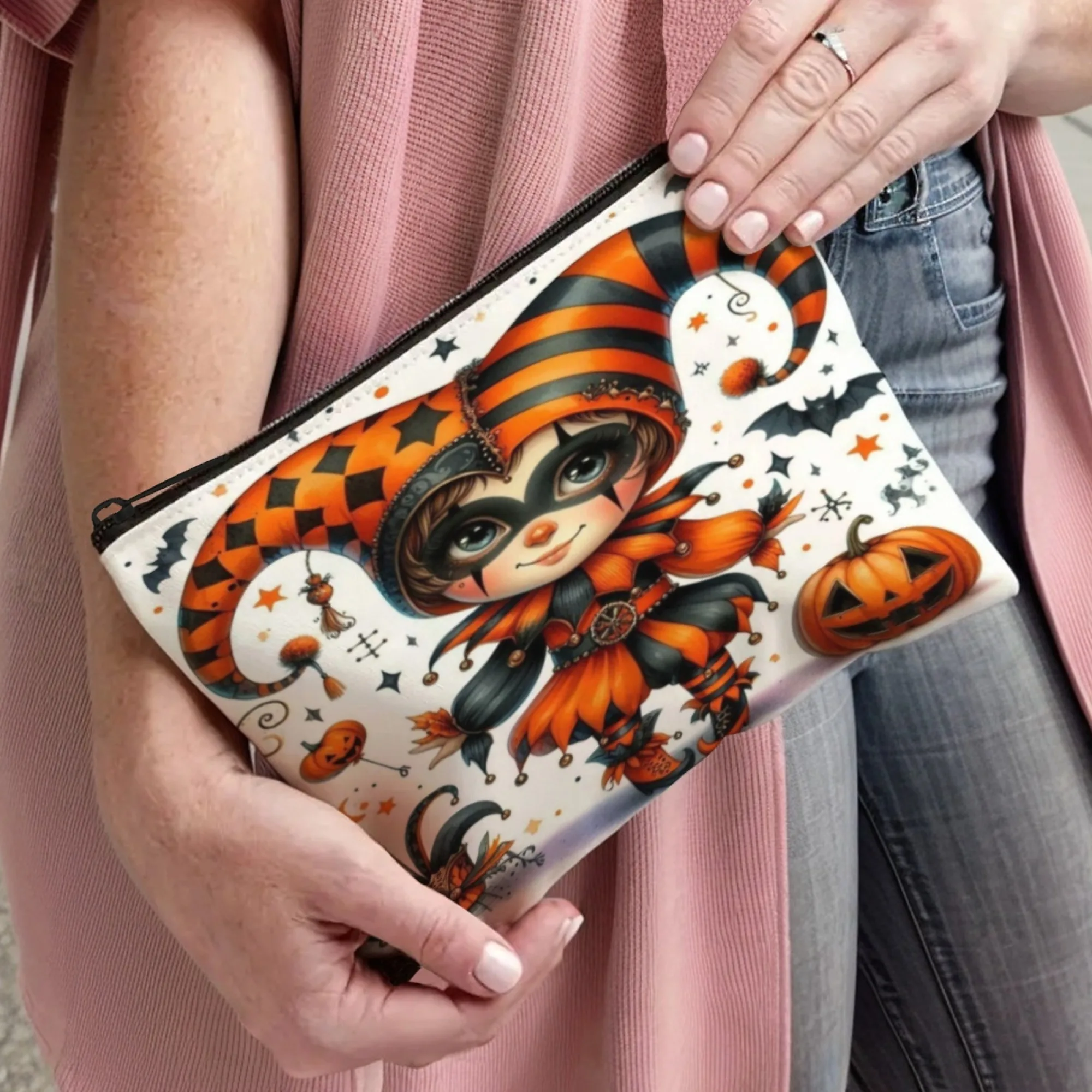 Bat Pumpkin Clown Girl makeup bag lightweight portable cosmetic case with zipper closure ideal for women Birthday Christmas Gift