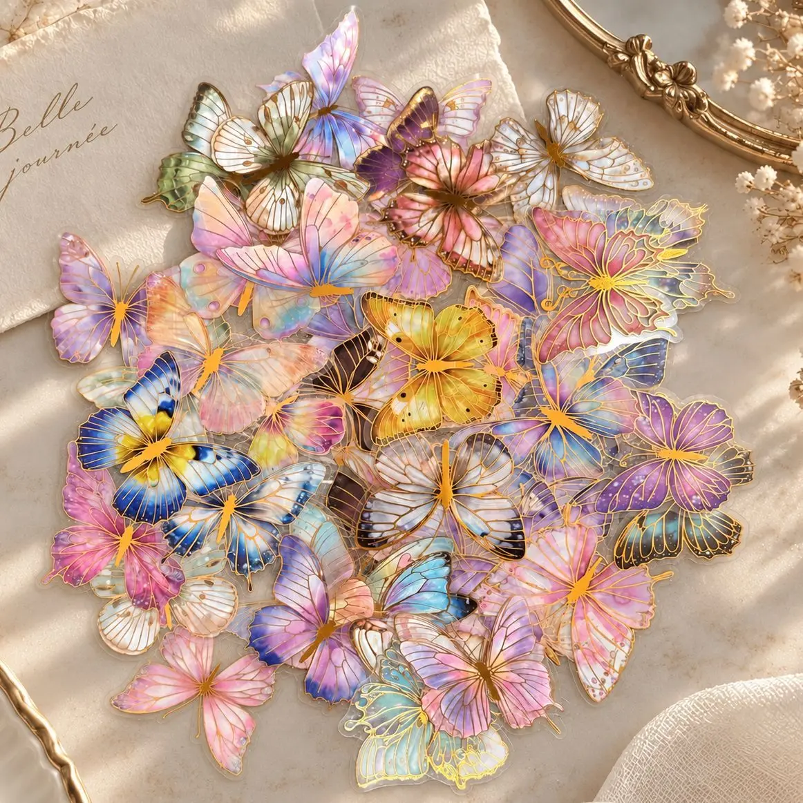 50Pcs No Repeat Gold Foil Butterfly Stickers Shiny Glitter Journal Stickers DIY Ita Bag Decoration Supplies