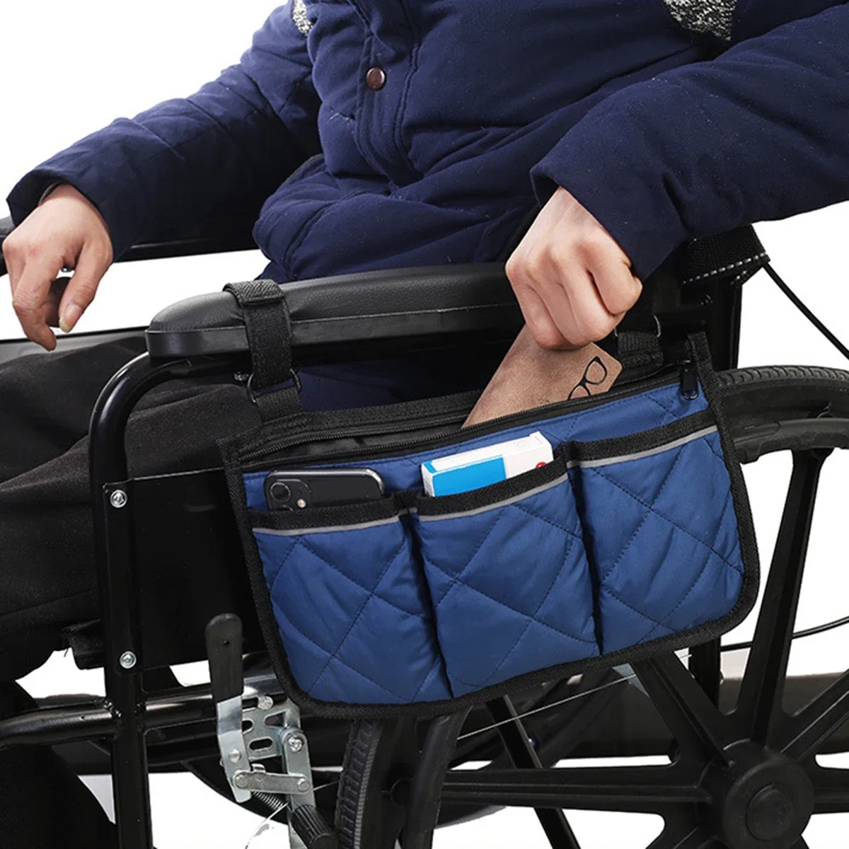 Wheelchair Side Armrest Bag Reflective Strip Portable Velcro Polyester Storage and Hanging Bag