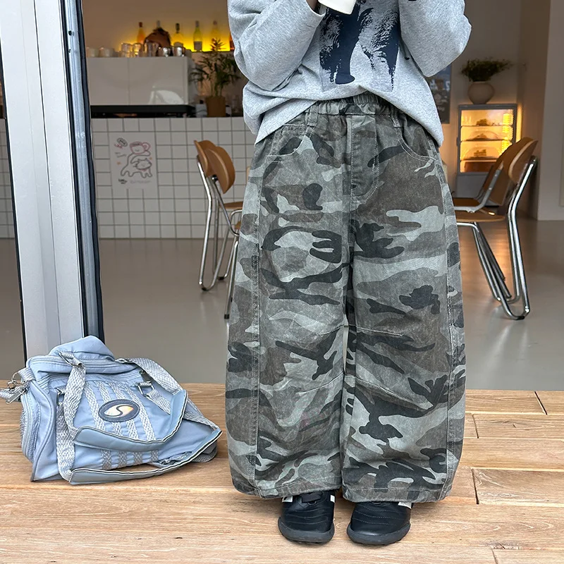 Parent-Child Matching Cargo Wide Leg Pants, Camo Loose Trendy Cool Casual Trousers for Kids Spring Autumn