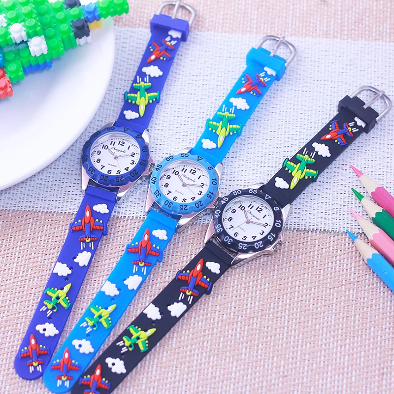 Boys Girls Little Kids Cool Cartoon Plane Helicopter Silicone Strap Wrist Watches For Students Children Learn Time Holiday Gifts