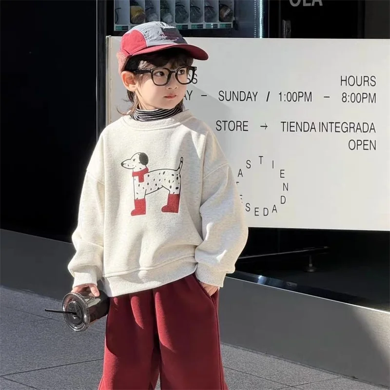 Children Winter Hoodie Kids O-Neck Plush Long Sleeve Sweatshirt Boys Cute Print Thermal Clothes Baby Thick Warm Top 1-10 Years