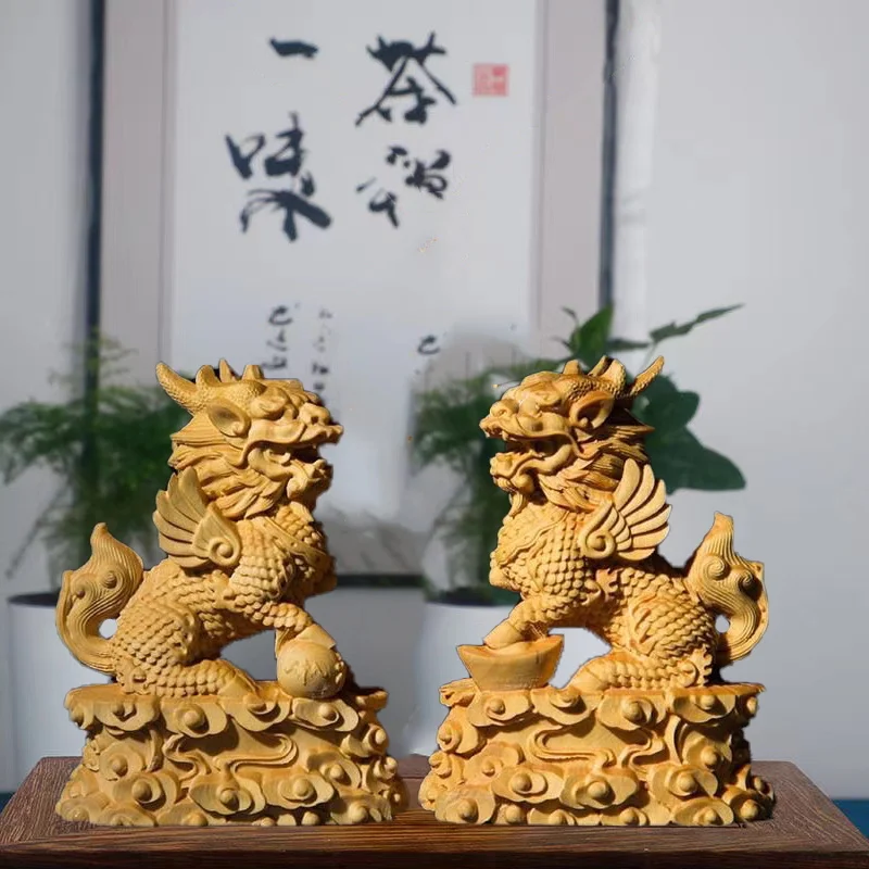 Estatua de mascota Kirin tallada de troncos naturales, Dios bestia característico chino, habitación en casa, oficina, por suerte, estatua Feng Shui, un par