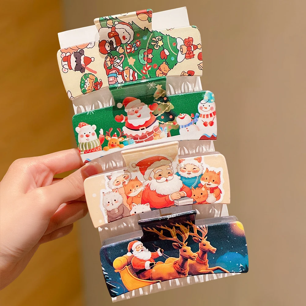 مشابك شعر عيد الميلاد مكونة من قطعتين: مطبوعات سانتا/الرنة/رجل الثلج. قماش، تصفيف الشعر، احتفالي لطيف. جيد لمظهر وهدايا عيد الميلاد.