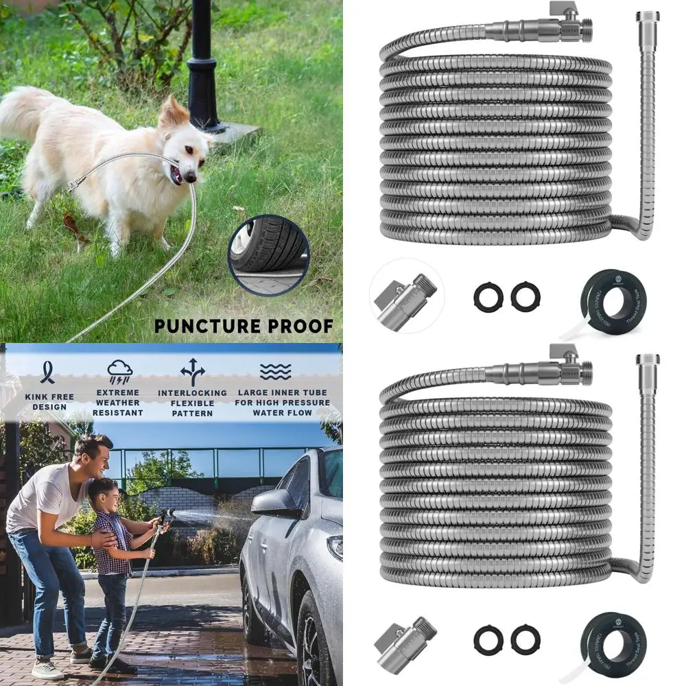 

100ft Heavy-Duty Stainless Steel Garden Hose with Brass Valve, Lightweight, No-Kink, Crush and Puncture Resistant, Includes Tefl