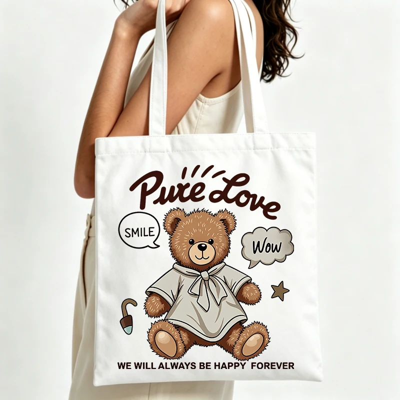 canvas tote bag with teddy bear graphic and letter print, casual style for daily shopping and outings