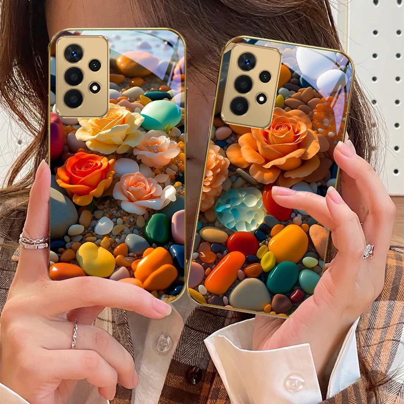 

Pebbles and rose elements For Samsung A 01 52S A04 A05S A10 12 13 22 23 24 36 42 M02 Note 10 20Ultra 8 9 Golden glass phone case