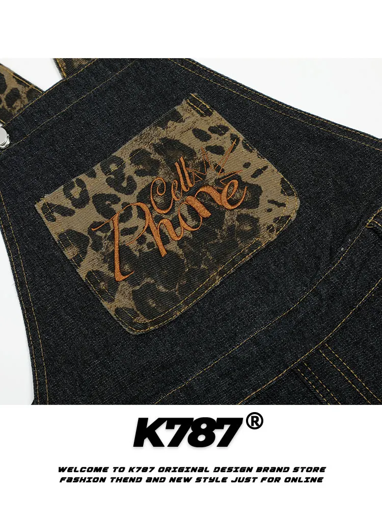 K787 American Retro Leopard Print Multi-ket Bib Overalls Women's Embroidered Straight Leg Denim Casual Bib Overall Pants