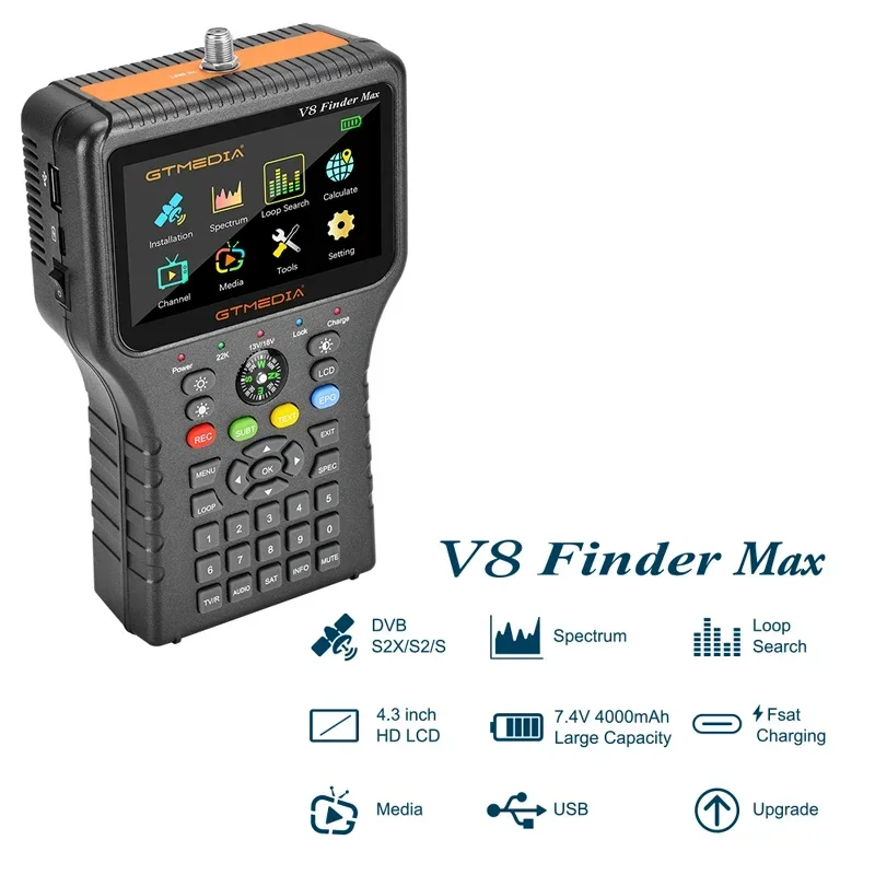 Original GTMEDIA V8 Finder Max Satellite Signal Finder Support DVB-S/S2/S2X H.264/H.265 (8bit) Satellite Locator 4.3 Inch HD