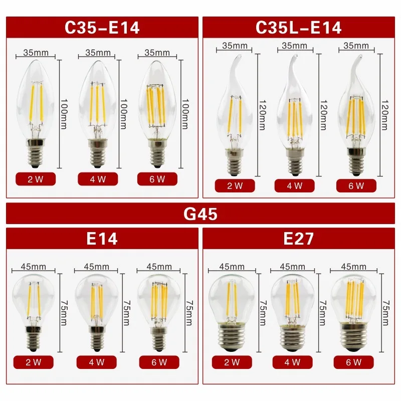 LED Edison Filament Light Bulbs  Art Lights ST64 G80 G95 G125 A60 T45 Dimmable E27 220V 4W 6W 8W 2700K 360 Degree Energy Lamps