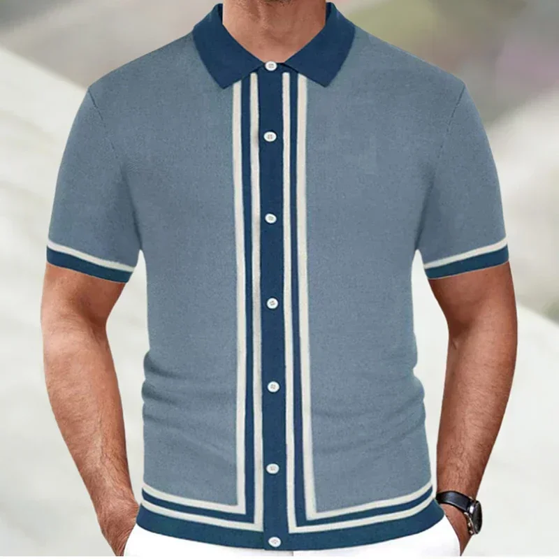 Summer Men's Luxury Patchwork Knitted Polo Shirts Short Sleeve Button-Down Slim Fit Vintage Business Knitwear