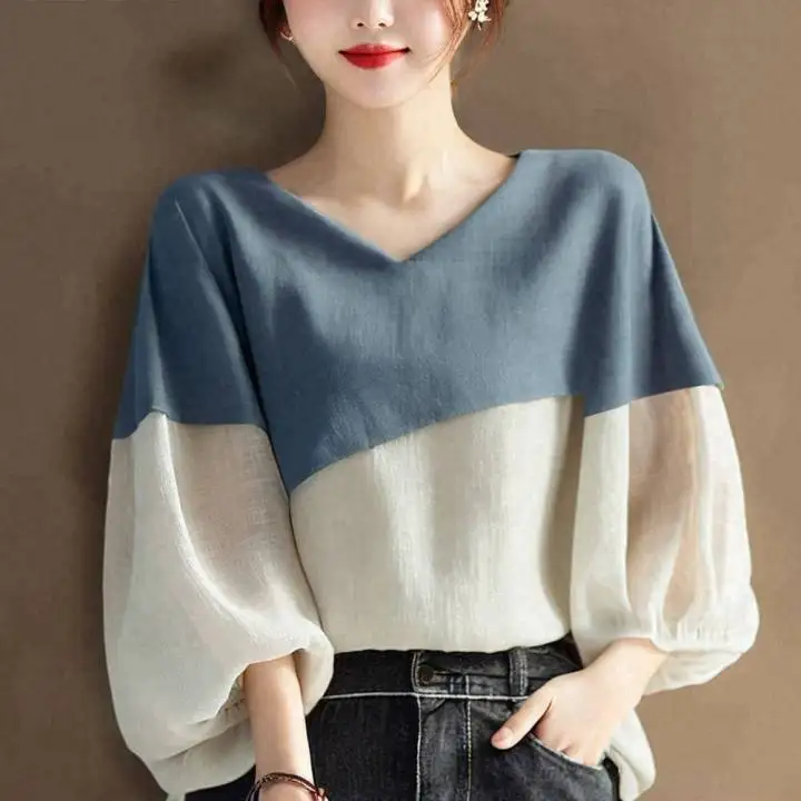 

Новинка весны 2025, женская рубашка с v-образным вырезом и цветными блоками в стиле пэчворк, топ с рукавами-фонариками 7/8