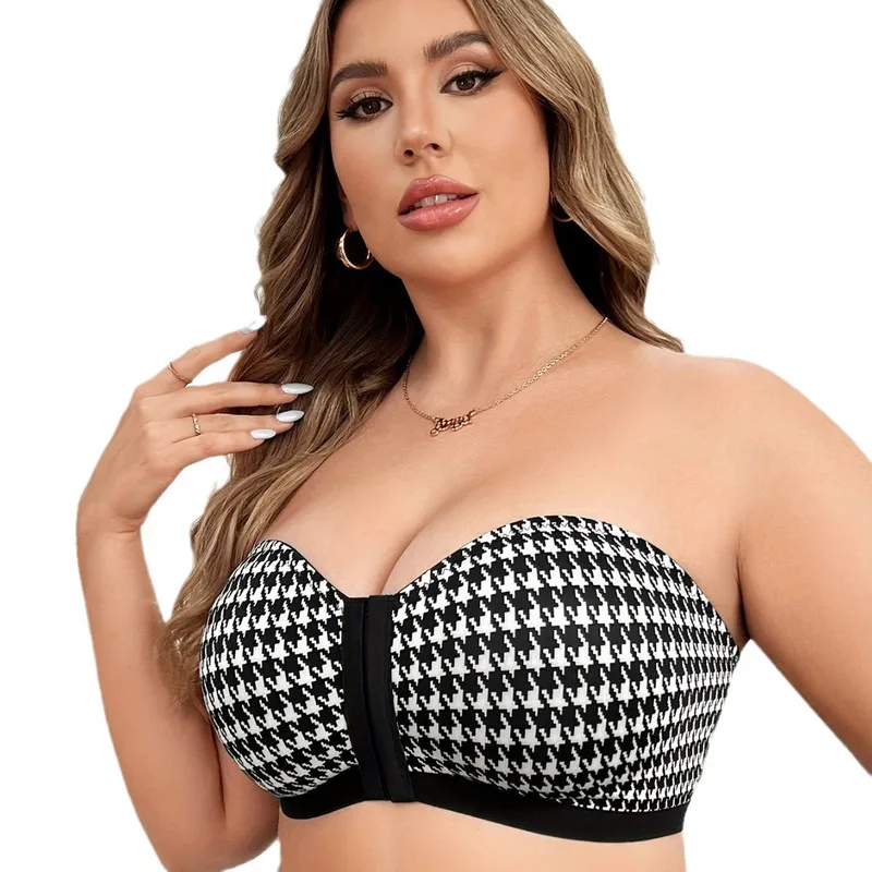 BH für Damen, trägerlos, Hahnentrittmuster, süßes Mädchen, kleine Brust, Push-up-Schnalle vorne, Anti-Durchhänger-BH ohne Bügel