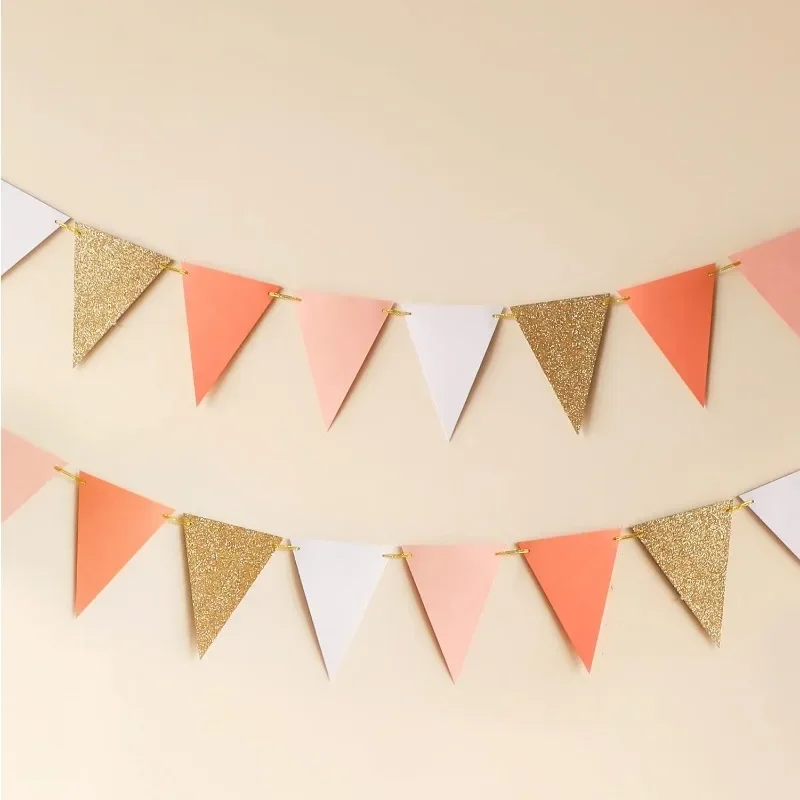 10ft Vintage Pennant Banner Rose Gold Pink Party Decorations Paper Triangle Flags Bunting for Boho Baby Shower Girl Room Nursery