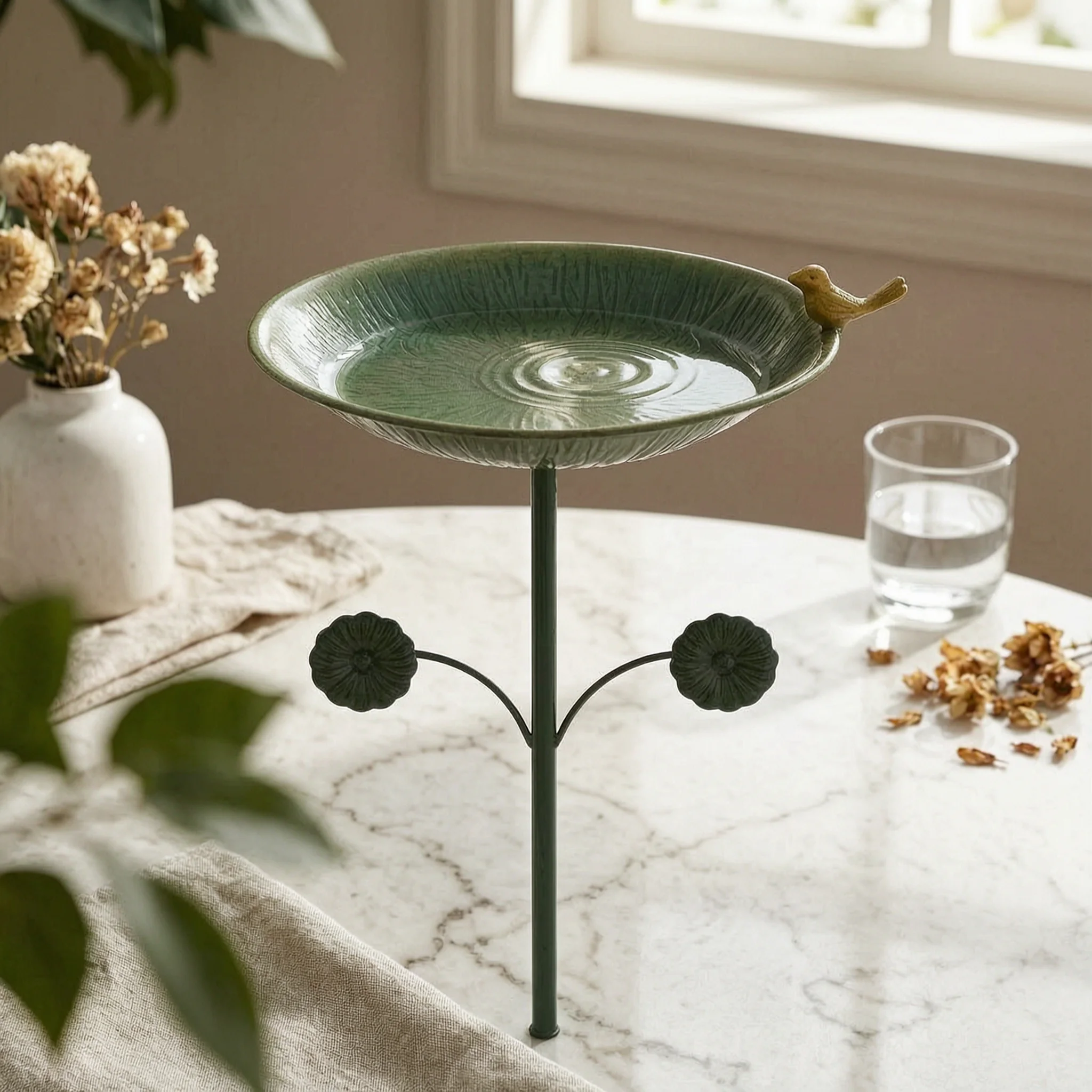Shepherd Hook Birdbath Green Finish Metal Bird Bath Bowl Bird Bath Stand Flower-Shaped Garden Decor Decorative Design for Yard