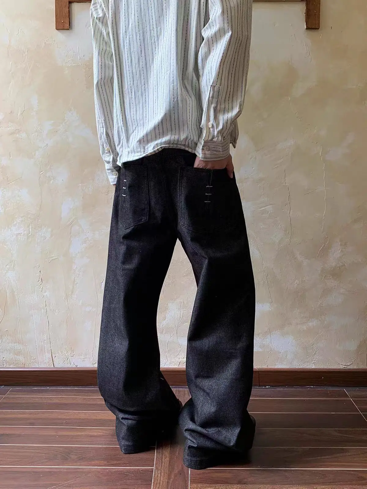 Men's Patchwork Design Jeans Black Pants Young Boy Casual Sweatpants Wide Leg Bottom Male High Waist Straight Trousers