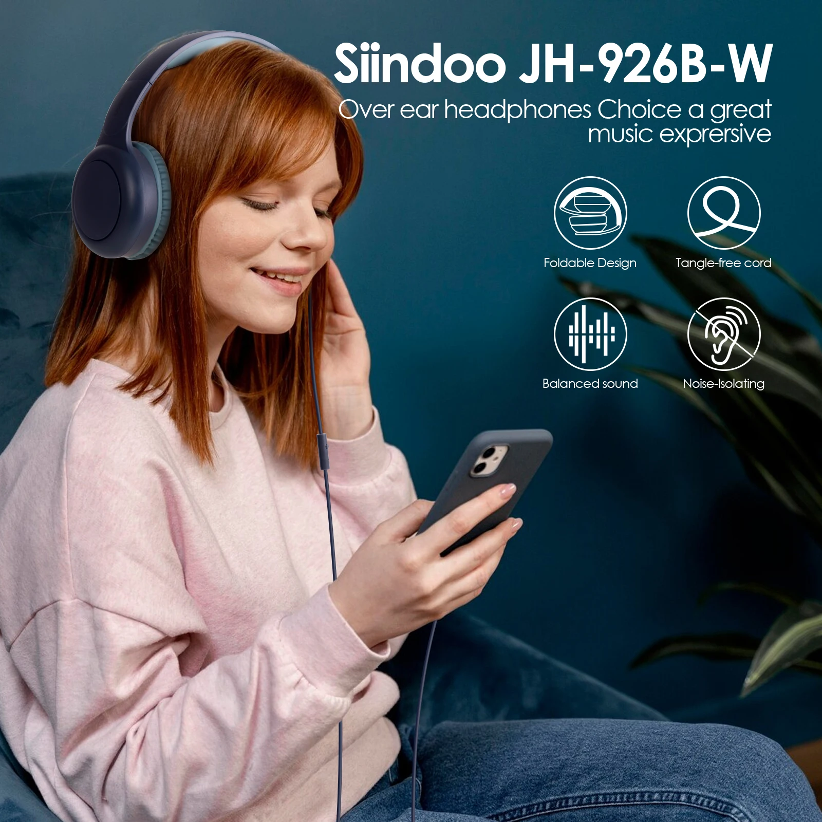 Siindoo หูฟังแบบมีสายพร้อมไมโครโฟนพร้อมสายไนลอนปลอด Kusut 1.45 ม. ปลั๊ก Type C หูฟังแบบมีสายแบบพกพาแบบพับได้สีน้ําเงิน