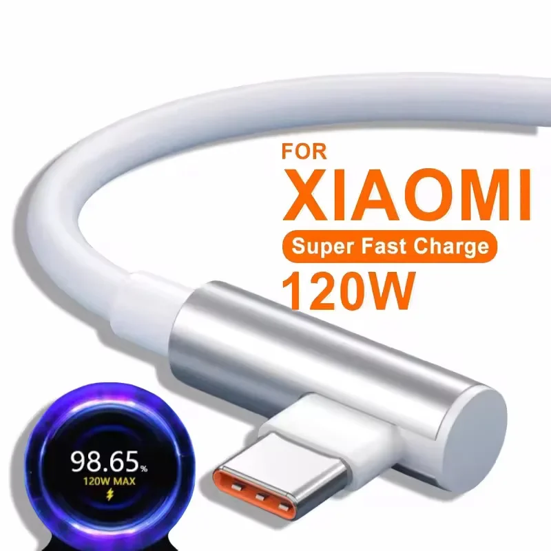 120W 6A USB Type C Fast Charging Cable 90 Degree Elbow For Xiaomi Mi 14 13 12 Pro Poco F4 X5 Redmi Note 13 12 K60 Turbo C Cable