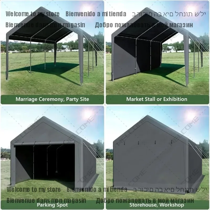 Carport para exteriores, cobertizo de almacenamiento con dosel resistente de 10x20 pies, garaje portátil con paredes laterales y puertas extraíbles